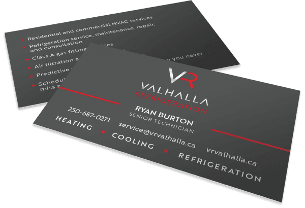 Valhalla Refrigeration in Castlegar BC, the West Kootenays, business card design and printing