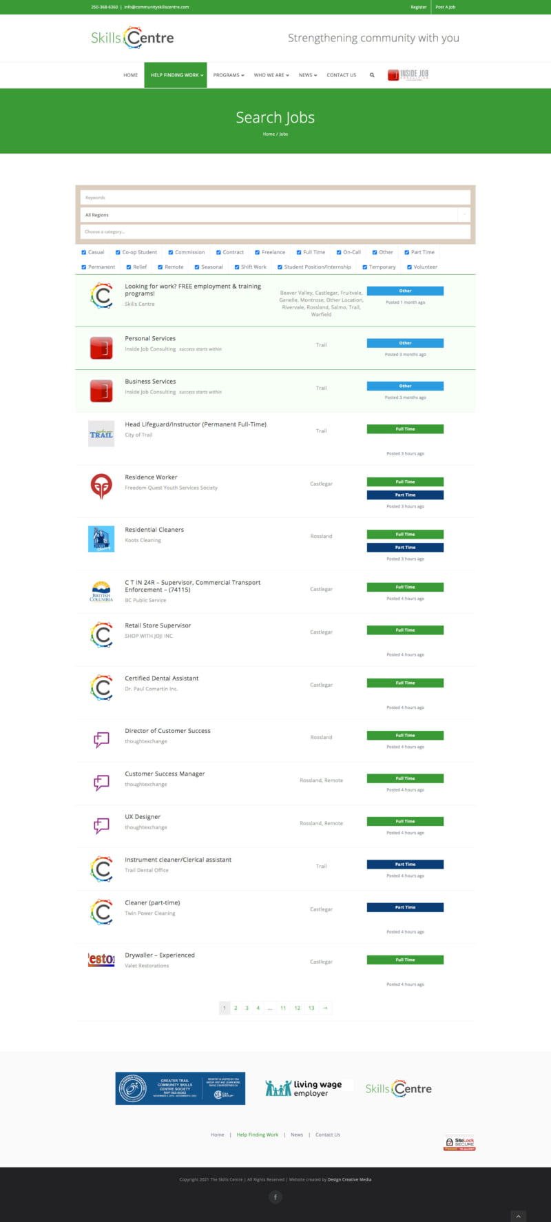 Job board website page for The Community Skills Centre in Trail BC, the West Kootenays
