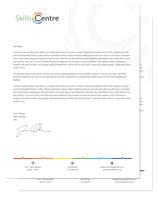 The Community Skills Centre in Trail BC, the West Kootenays, business letterhead design and printing