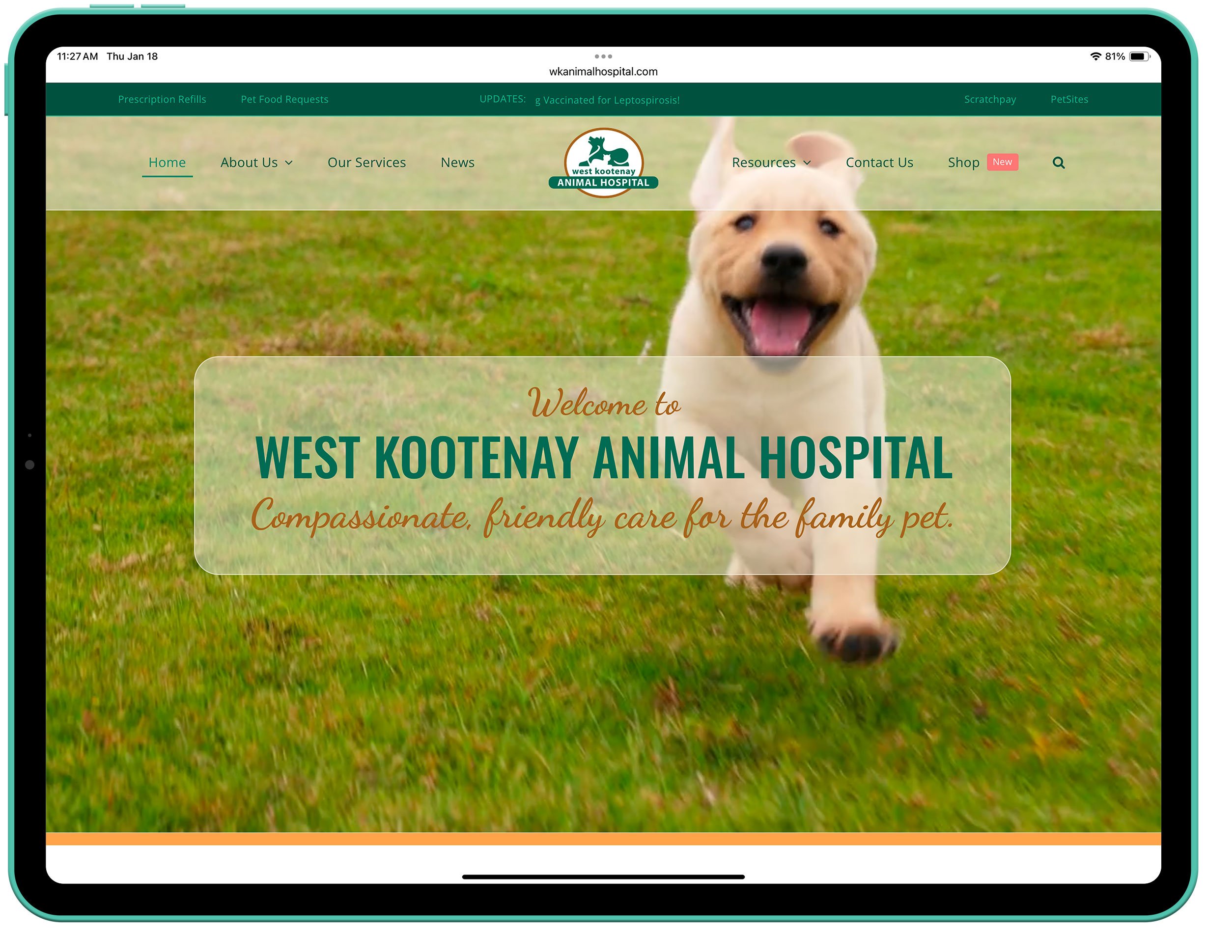 West Kootenay Animal Hospital in Trail BC - Website Home Page - Tablet