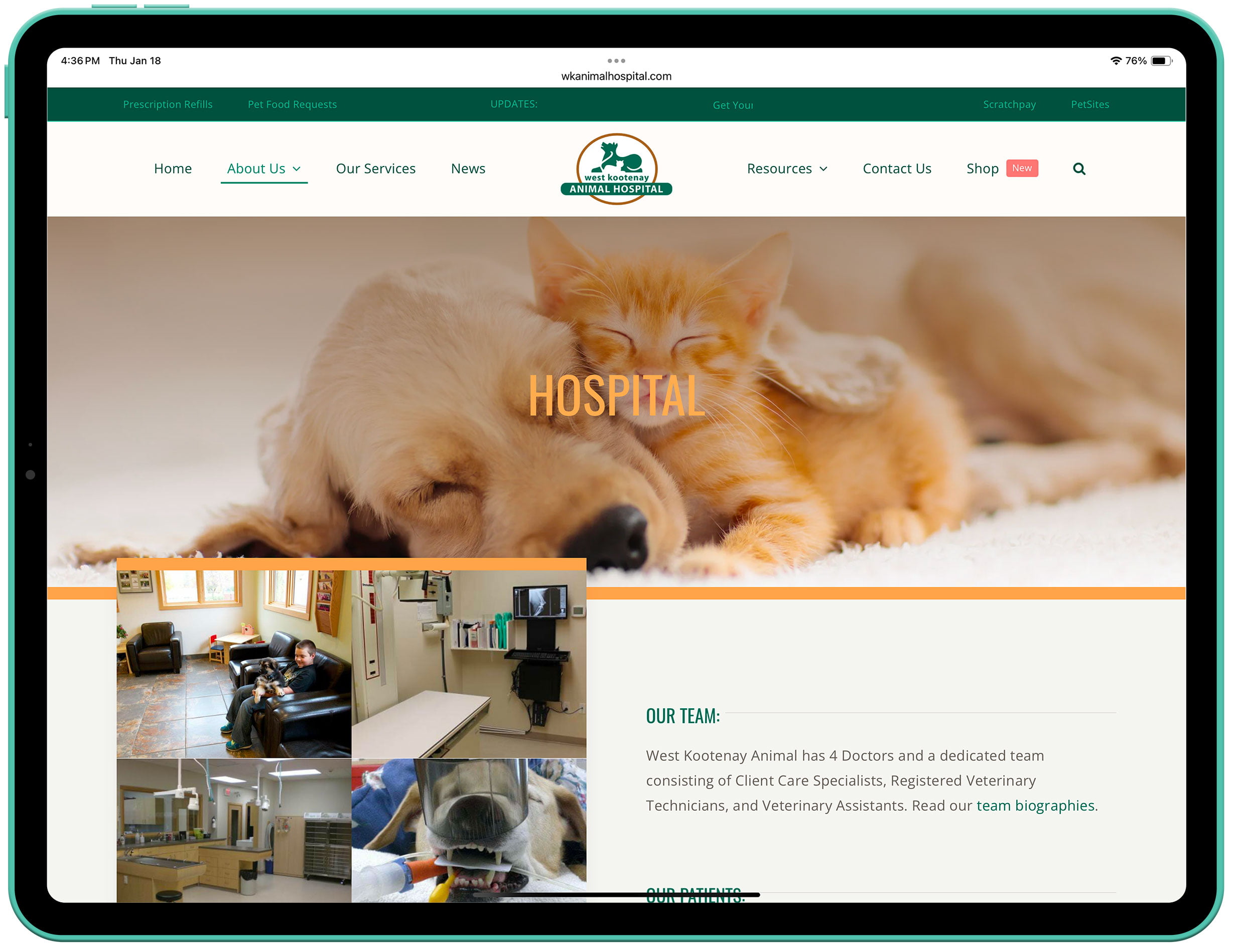 West Kootenay Animal Hospital in Trail BC - Website About Us page - Tablet